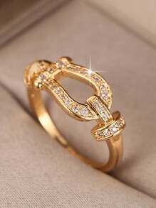 1 Pieza De Anillo De Hebilla En Forma De Herradura Con Diseño De Moda De Lujo En Forma De U Para Mujeres, Joyería De Fiesta Y Boda - Dorado - Ver 1