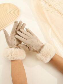 1 Paar Damen Beige Wildleder & thermisch gefütterte Touchscreen-kompatible Handschuhe mit Rautenmuster auf der Rückseite für modischen und warmen Look, geeignet für Herbst und Winter