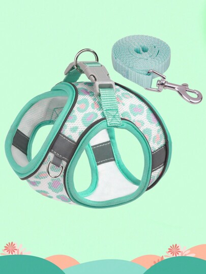 A Set Of Colorful Printed Breathable Mesh Pet Harness And Leash, Vibrant Colors And Airy Mesh Keep Pets Cooler And More Comfortable, Flexing But Not Breaking; Highlighting Stripes For High Visibility In The Dark And Reflection To Avoid Accidents,360 Degrees Secure And Durable, 2 Large Rings For Leash Attachment And Garbage Bag Hanging, A Small D Ring For Accessories, And An Adjustable Strap For A Snug Fit; Easy To Walk And Carry.
