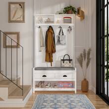 Tall Hall Tree with Storage Bench, 4-in-1 Entryway Bench with Cushioned Pad, Drawer & Hanging Hooks, White (34.3" W x 16.5" D x 68.5" H)