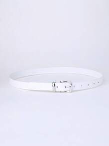 1 pieza Cinturón blanco simple y de moda con hebilla plateada y anillo de aleación, para verano, escuela, otoño, Halloween - Blanco - Ver 3