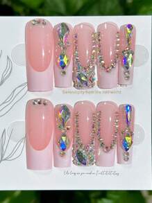 24入組長棺材形狀愛心鑲嵌鍊裝飾假指甲，包括1pc指甲剪和1pc果凍膠，一次性假指甲用品 - 彩色 - 查看 2