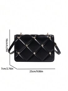 Pu Leather Geometric Pattern Embossed Inlaid Rhinestone Woman Shoulder Bag, Adjustable Strap, Zipper & Flap Closure - Black - View 5