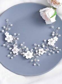 1pc White Flower & Silver Thread Handmade Hair Scrunchie With Rhinestones For Women Elegant Boho Tiaras Valentine's Day Accessories,Wedding Hair Accessories - White - View 2