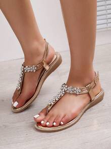 女式波西米亞水鑽趾環涼鞋 2023 年夏季新款復古羅馬假日沙灘鞋 - 香檳色 - 查看 5