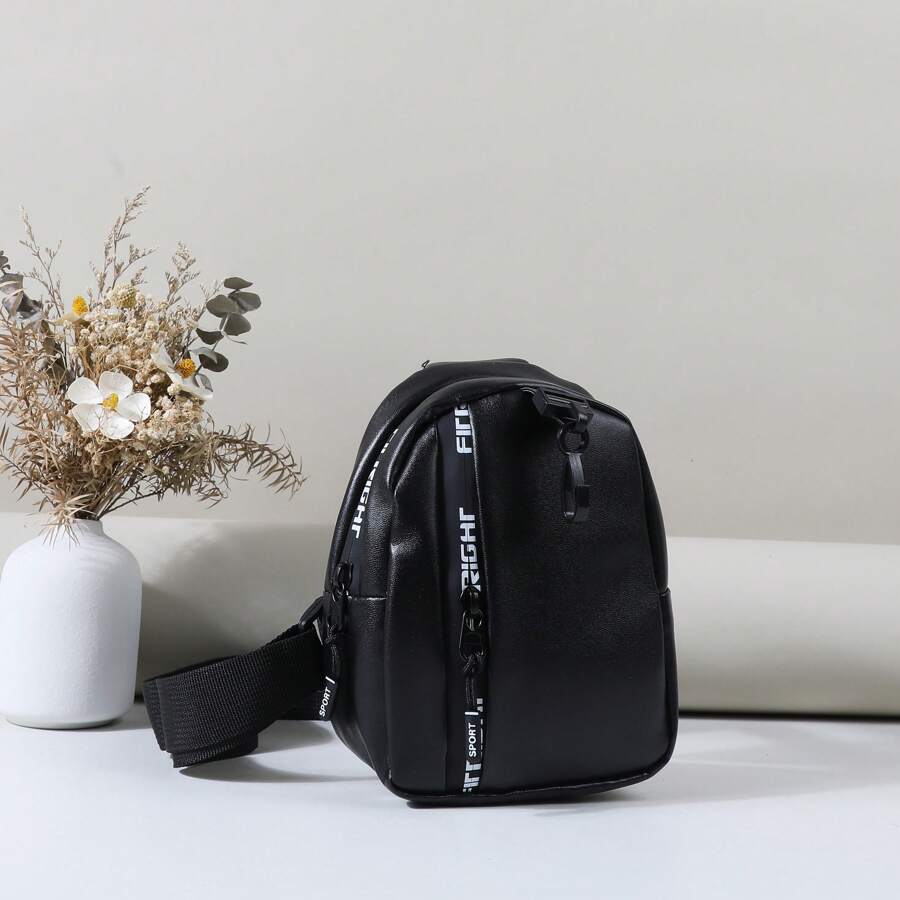 时尚百搭儿童迷你胸包斜挎包，色块字母设计，适合女生，学生，职场新人，白领，通勤，出游搭配 - 黑色 - 查看 1