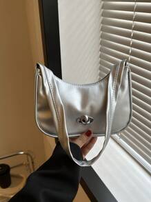 Fashionable Solid Color Simple Shoulder Bag - Silver - View 7