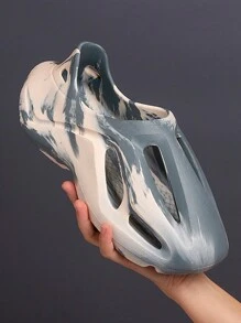 大码男士镂空一脚蹬凉鞋，夏季户外防滑沙滩运动拖鞋，厚底，适合水上活动 - 灰色 - 查看 2