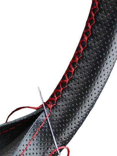1pc Black Perforated Faux Leather Steering Wheel Cover, Soft Hand-Stitched For 38cm Diameter Steering Wheel, DIY Sewing With Needle And Thread