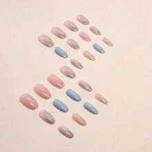 24 Piezas De Uñas Con Estilos Degradados En Rosa Ballet Y Azul Con Patrón De Mármol, Estilo Calcáreo Chispeante De Arte En Uñas Con 1 Lima De Uñas Y 1 Gel Calcáreo - Multicolor - Ver 2