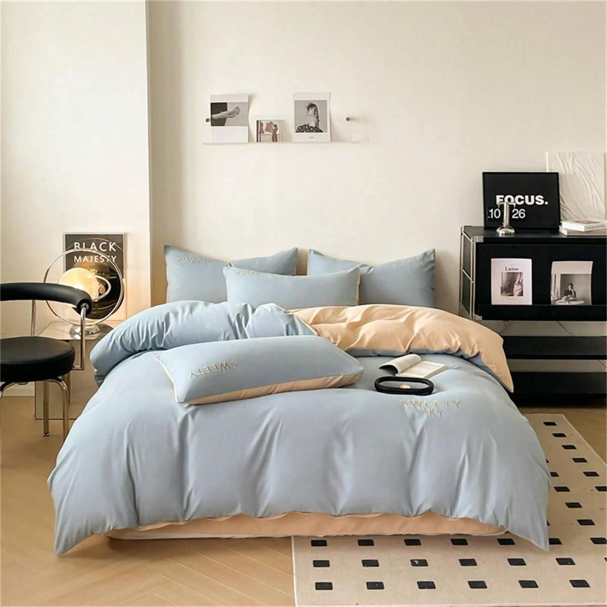 1pc High Gram Double-side Washed Embroidered Bedding Set, Plus 1pc ...