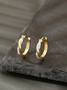 1pair Fashionable Copper & Zirconia Geometric Circle Twist Design Earrings, Date Gift - Yellow Gold - View 1