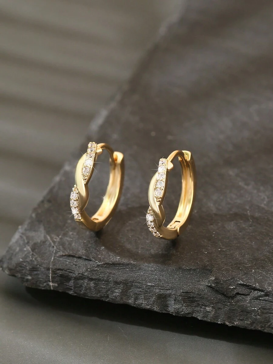 1pair Fashionable Copper & Zirconia Geometric Circle Twist Design Earrings, Date Gift - Yellow Gold - View 1