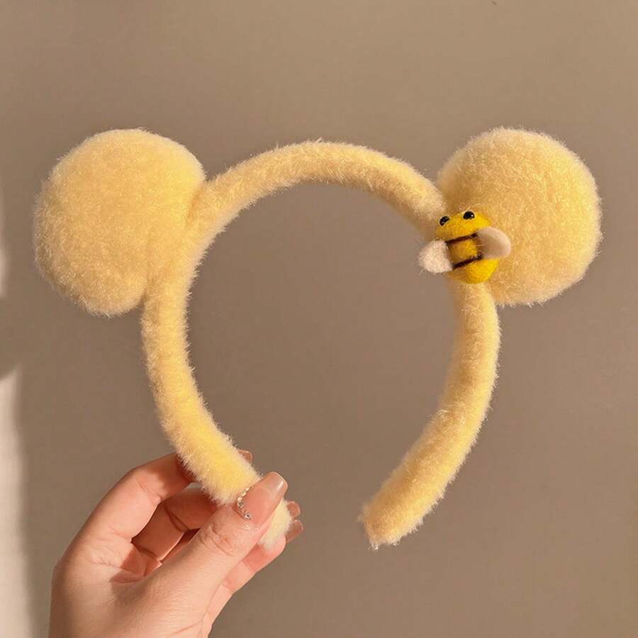 淺黃色小蜜蜂和小熊耳朵絨面頭帶適用於女性,可愛的頭飾用於洗臉、敷面膜和戶外活動 - 黃色 - 查看 1
