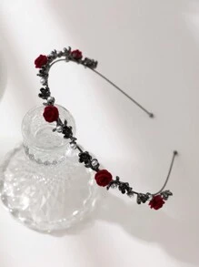 波西米亚风红玫瑰蝴蝶人造珍珠装饰发箍头饰金色头饰，发带，发箍发箍，黑色发饰头饰 - 黑色 - 查看 2