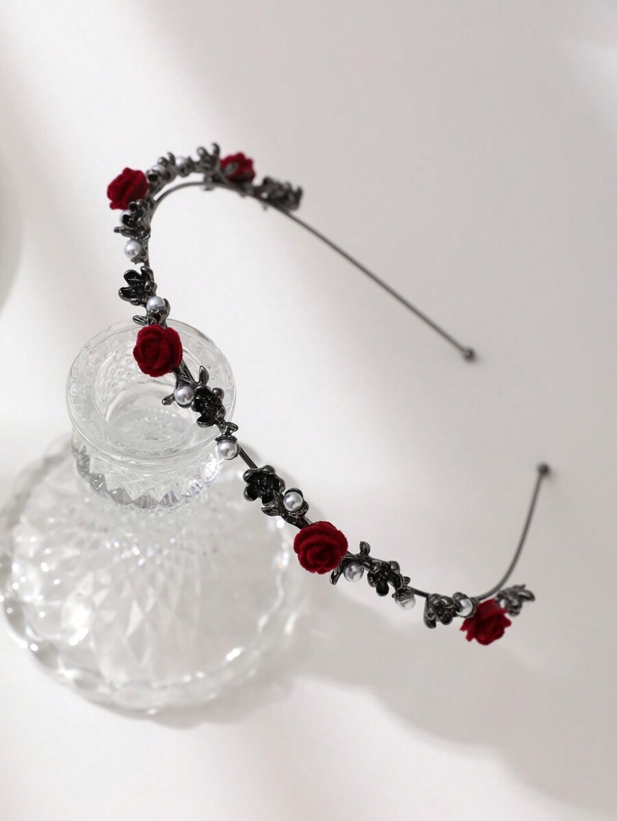 Boho Red Rose Butterfly & Pearl Decor Hair Hoop Tiaras Gold Head Piece