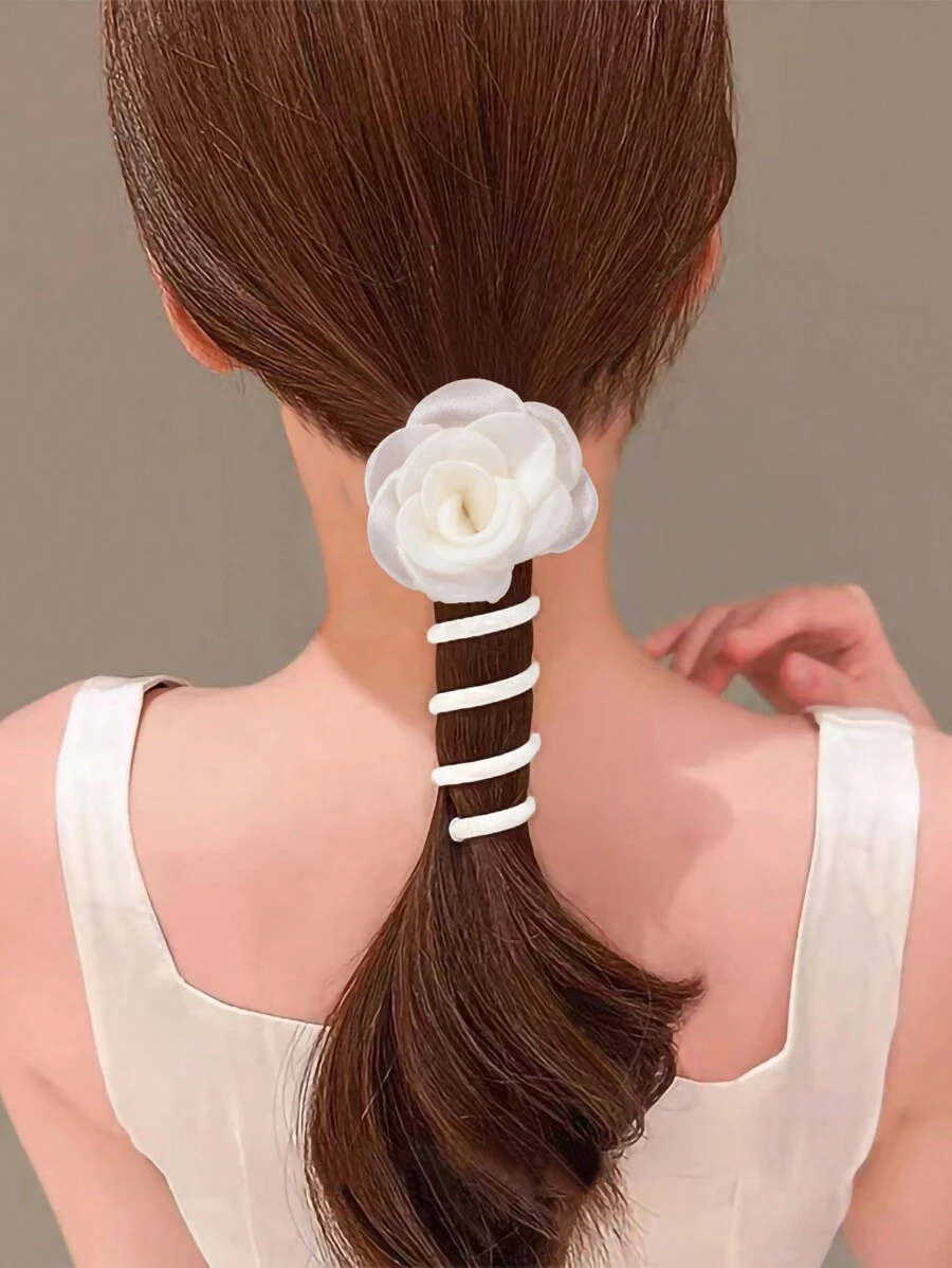 Mesh Flower Elastic Hair Ties With Spiral - Cute Ponytail Holders For Kids