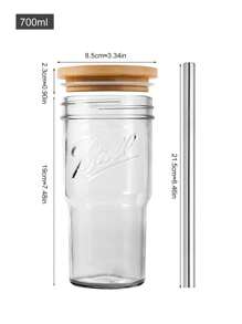 Cold Brew Cup With Wooden Lid And Thick Straw, Large Capacity Glass Drinkware For Bubble Tea Juice, 1pc - Clear - View 3