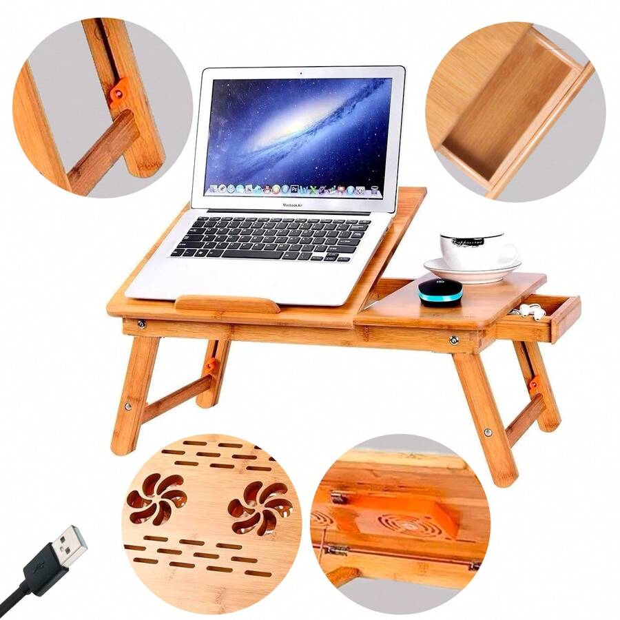 Mesa De Cama Bambu Base Enfriadora Para Laptop 2 Ventiladores - Camel - Ver 1