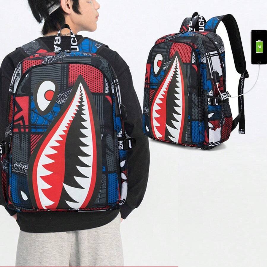 Teenage New Versatile Shark Design Large Capacity Backpack, Minimalist Personalized Bookbag For Back To School, Lightweight Breathable Printed Backpack For Summer, Random Printed Straps & Letters - Multicolor - View 1