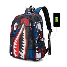 Teenage New Versatile Shark Design Large Capacity Backpack, Minimalist Personalized Bookbag For Back To School, Lightweight Breathable Printed Backpack For Summer, Random Printed Straps & Letters - Multicolor - View 2