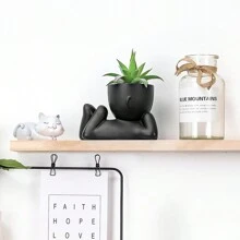 1pc Creative Human-Shaped Succulent Planter With Colorful Artificial Plants - Black Ceramic, Modern Minimalist Home & Office Decor, Geometric Shaped Plant Pot, Suitable For Indoor/Outdoor Garden, Wedding, Easter Table Centerpiece, Storage & Display - Black - View 1