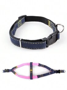 1入組多色牛仔布寵物胸帶套裝包括胸帶、項圈和牽繩,適合大、中、小型犬 - 黑色 - 查看 11