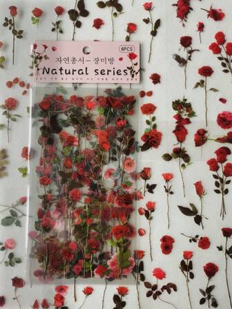 1pack/6sheets Diy Decorative Pvc Stickers With Plant, Flower And Red Roses Patterns Back To School