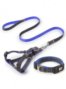 1pc Jeans & Multicolor Pet Leash Set (Harness + Collar + Leash) Suitable For Large, Medium And Small Dogs - Blue - View 3