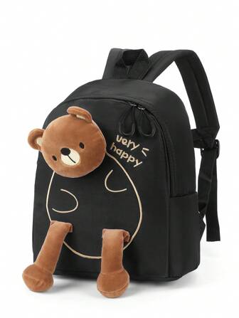 Black Cute Kids' Backpack With Cartoon Bear Decoration, Baby Shoulder Bag