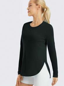 Camiseta Deportiva De Manga Larga Para Mujer Con Cuello Redondo Y Protección Solar Y Dobladillo Curvo Negra - Negro - Ver 2
