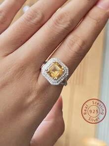 1入組時尚天然黃色水晶 S925 純銀開口戒指適合女士日常佩戴、工作和派對等