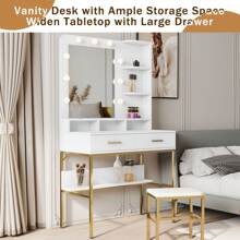 JOYSOURCE Large Vanity Set with Lighted Mirror, 9 Lights Bulbs, Makeup Vanity Desk with Drawers, Gold-White Vanity Table Set with Cushioned Stool, Makeup Table for Women, Girls, Bedroom