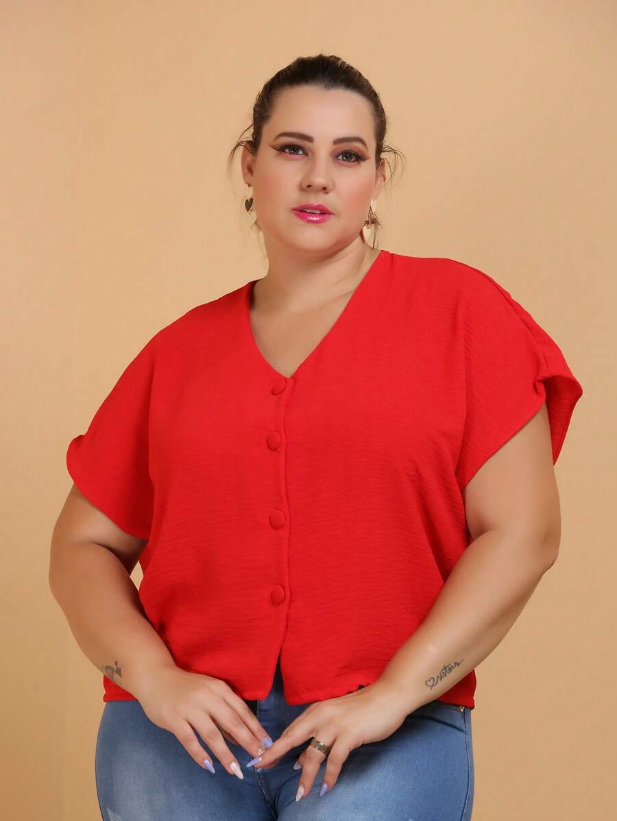 Blusa Plus Size Tamanho Grande 46 Ao 50 Botao Forrado - Vermelho - Visão 1