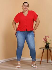 Blusa Plus Size Tamanho Grande 46 Ao 50 Botao Forrado - Vermelho - Visão 3