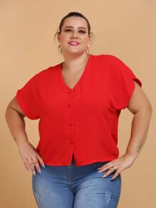 Blusa Plus Size Tamanho Grande 46 Ao 50 Botao Forrado - Vermelho - Visão 4
