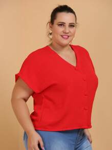Blusa Plus Size Tamanho Grande 46 Ao 50 Botao Forrado - Vermelho - Visão 5
