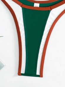 女士撞色细肩带上衣和高腰下装运动比基尼套装夏季 - 綠色 - 查看 4