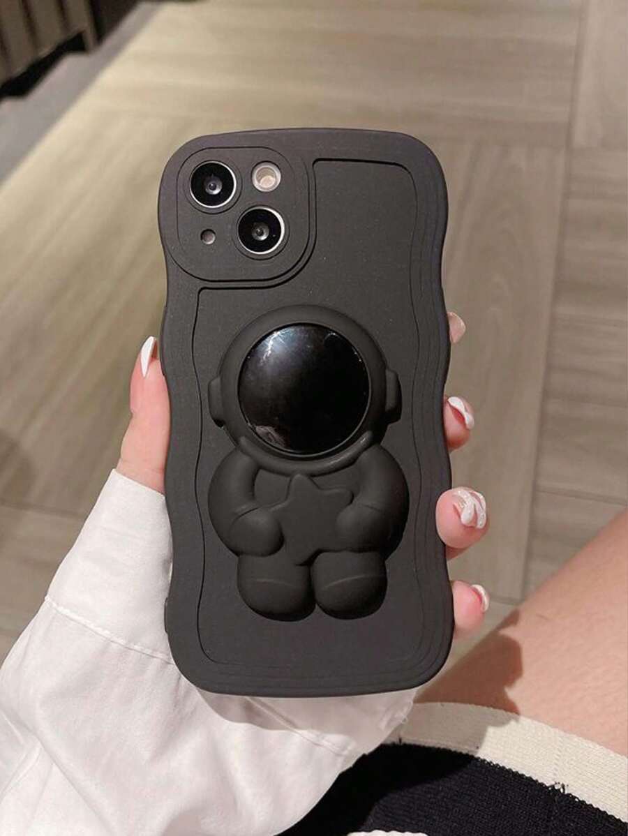1 Pieza Funda De Teléfono Sólido Con Patrón De Onda De Astronauta 3d Compatible Con Iphone - Negro - Ver 1