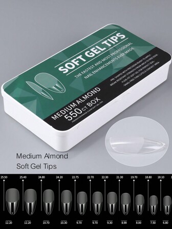 550入組軟膠美甲貼片，11種尺寸中號杏仁全覆蓋指甲貼片，適用於凝膠美甲、指甲延長、丙烯酸美甲、壓克力美甲和DIY美甲，含收納盒，適用於美甲沙龍和DIY美甲美甲用品
