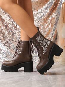 Giày cao đến mắt cá chân thêu châu Âu và Mỹ mới mùa đông 2023 dành cho nữ, đế chống nước, mũi tròn, đáy dày, giày cao gót, dây buộc phía trước - màu nâu - Xem 2