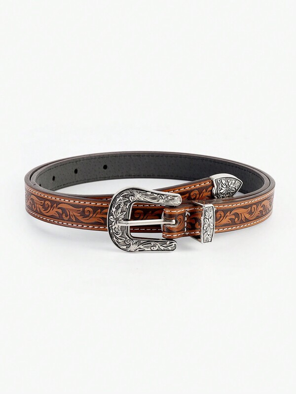 1pc Fashionable Western Style Engraved Cowgirl Belt With Floral Pattern, Suitable For Motorcycle For Women