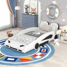 MERAX Twin Size Race Car-Shaped Platform Bed With Wheels - 白色 - 查看 4