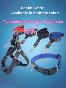 1pc Jeans & Multicolor Pet Leash Set (Harness + Collar + Leash) Suitable For Large, Medium And Small Dogs - Blue - View 4
