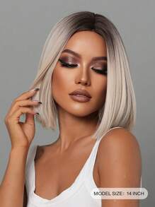 14 英寸浅金色深色发根和白色、黑色彩色中分短直发漂亮日常使用女士假发合成假发，角色扮演白色彩色合成假发女士高温假发中分直发假发假日日常时尚合成假发编织假发适合万圣节和圣诞节