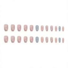 24 Piezas De Uñas Con Estilos Degradados En Rosa Ballet Y Azul Con Patrón De Mármol, Estilo Calcáreo Chispeante De Arte En Uñas Con 1 Lima De Uñas Y 1 Gel Calcáreo - Multicolor - Ver 4