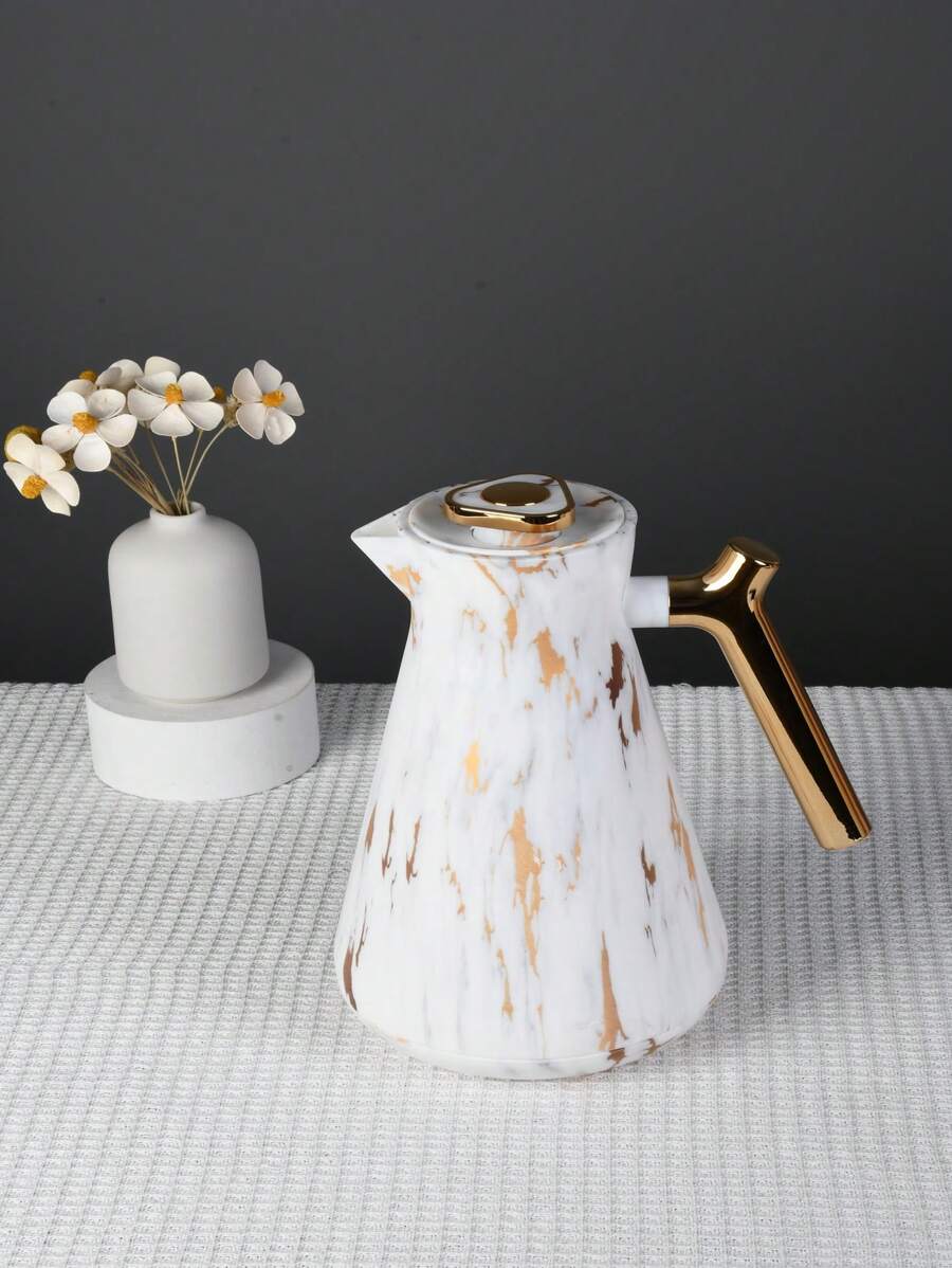 Termo de café de 1000ml con diseño de piedra blanca, estilo arábigo. Botella térmica de agua de vidrio rosa con doble aislamiento que mantiene la temperatura durante 12 horas. Termo de café aislado doble para café caliente, jugo y té, ideal para volver al colegio - mármol blanco - Ver 1