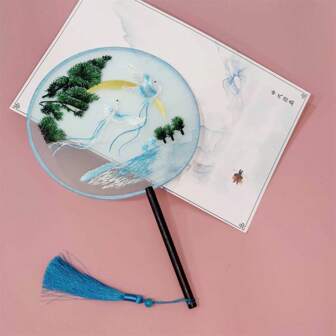 1 Ventilador De Corte Bordado A Máquina, Bordado De Doble Cara, Patrón Simétrico, Superficie Del Ventilador De Aprox. 21 Cm De Ancho, Mango Del Ventilador Aprox. 15 Cm De Largo, Adecuado Para Disfraces, Accesorios De Fotografía, Decoración Del Hogar, Artículos Para Fiestas