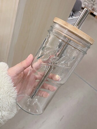 Cold Brew Cup With Wooden Lid And Thick Straw, Large Capacity Glass Drinkware For Bubble Tea Juice, 1pc