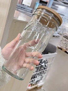 Cold Brew Cup With Wooden Lid And Thick Straw, Large Capacity Glass Drinkware For Bubble Tea Juice, 1pc - Clear - View 2
